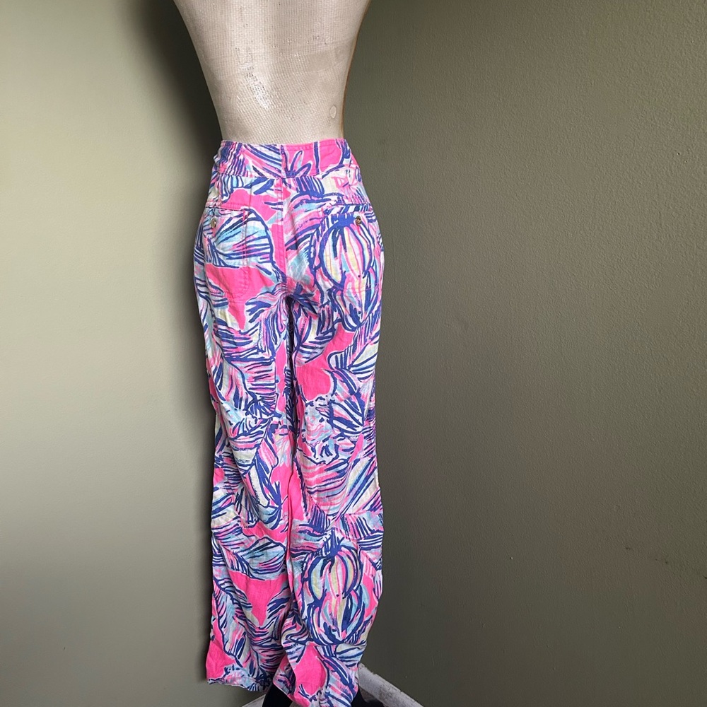 Lilly Pulitzer Linen Floral Print Drawstring Flare Pants Sz 4 - Picture 2 of 11